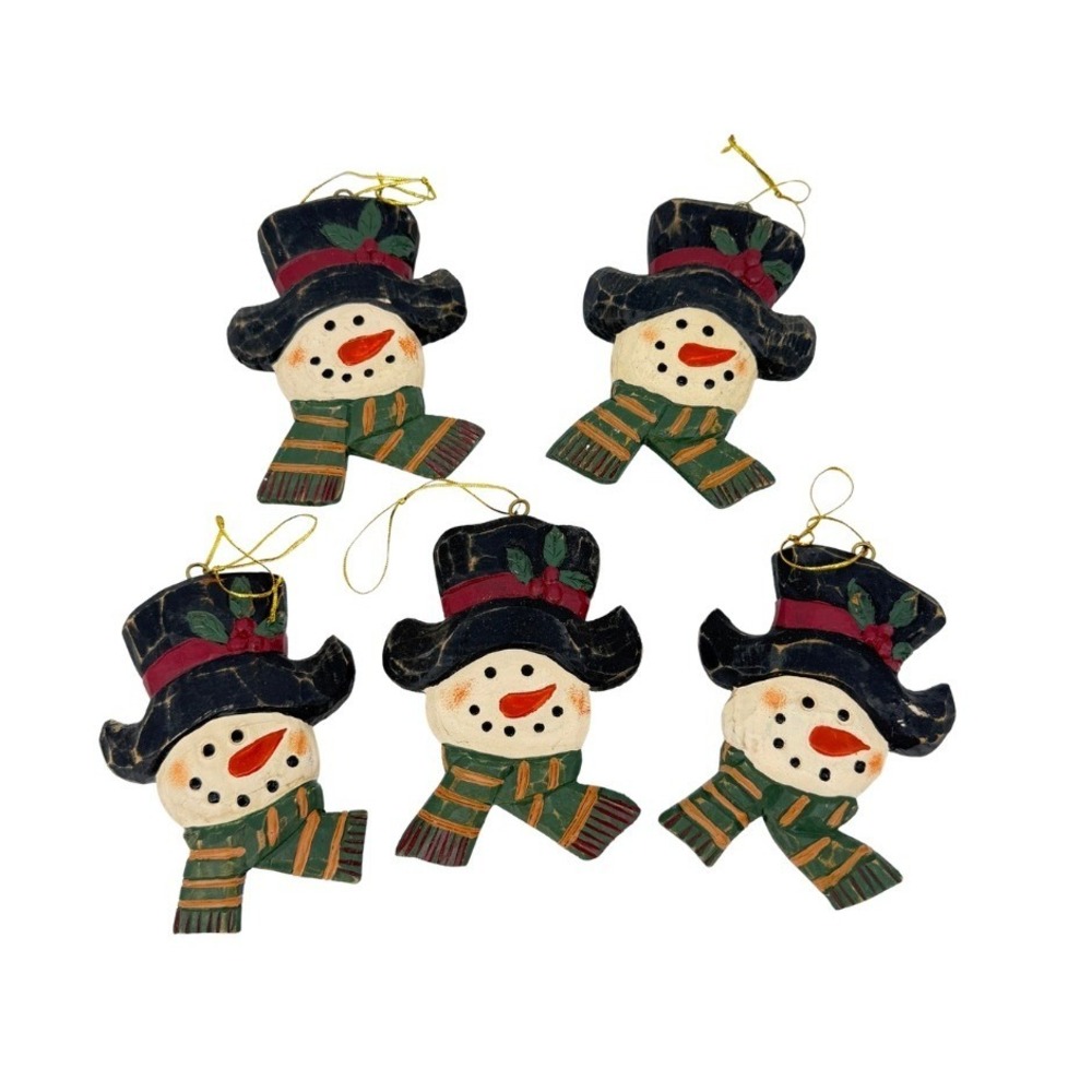 Wooden Feel Snowman Face Christmas Holiday Ornaments Rustic Folk Art Lot of 5